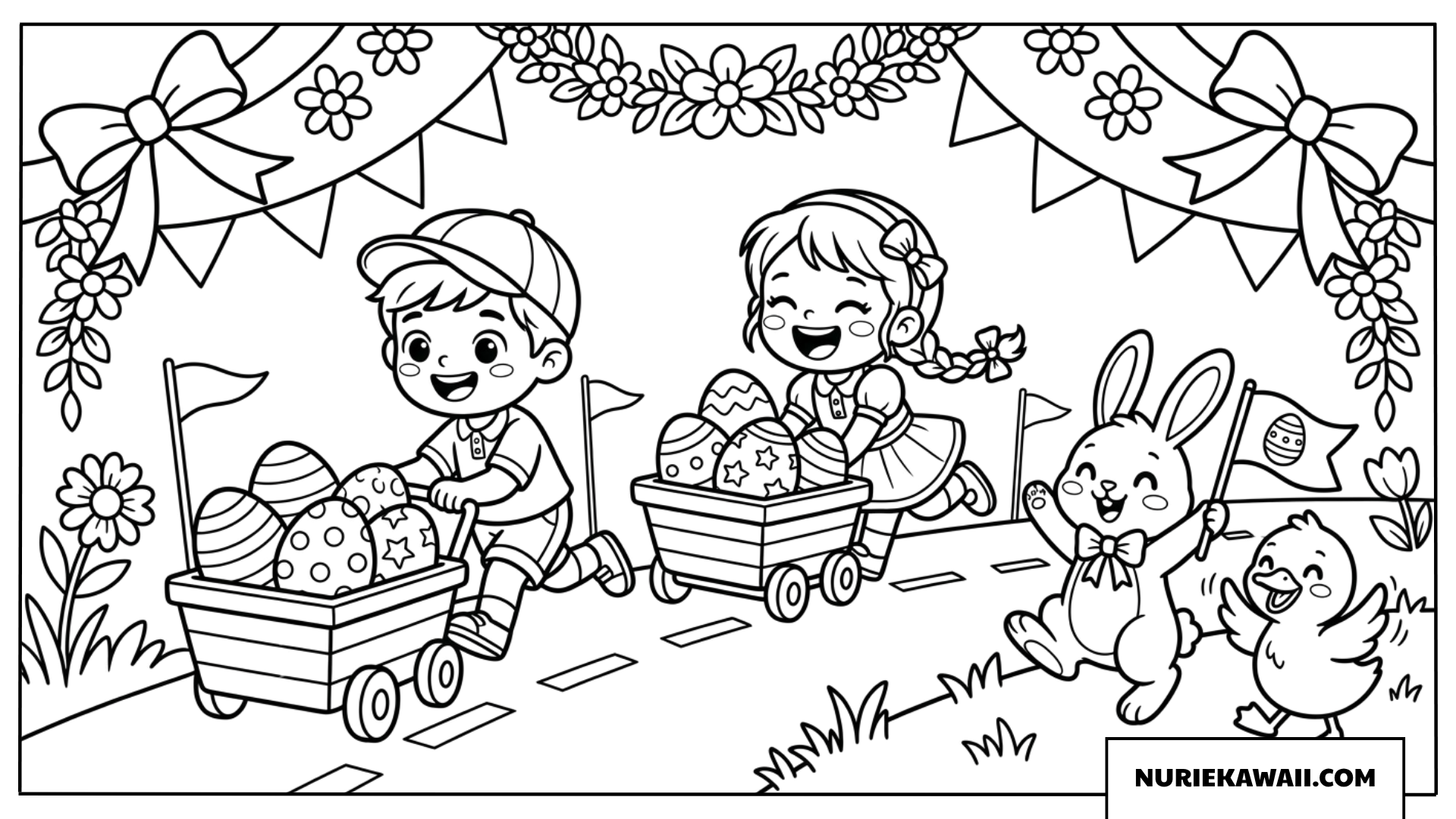 イースターエッグを台車にのせて楽しく競走する子どもたちの塗り絵