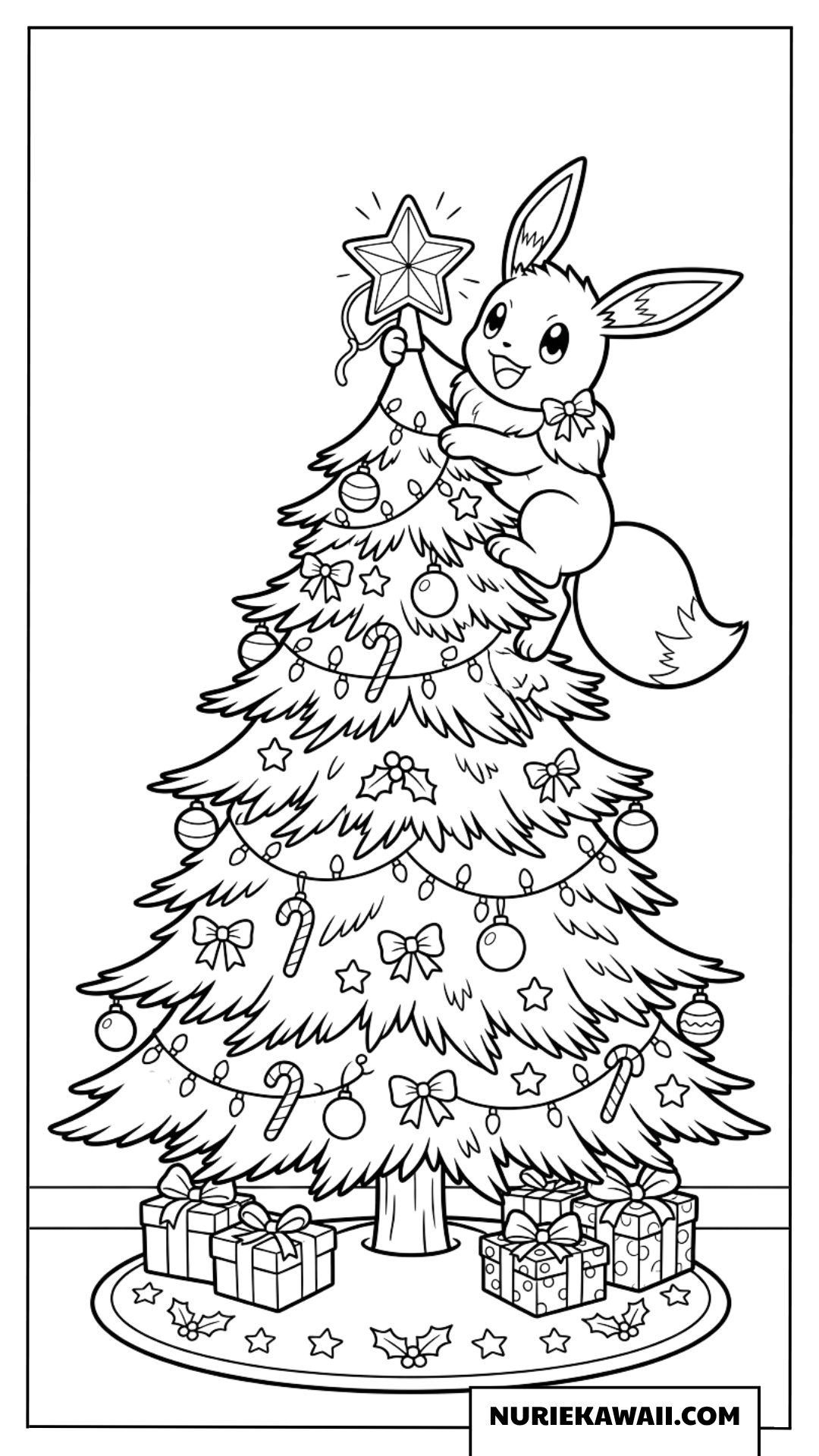 イーブイがクリスマスツリーに星を飾るぬりえ