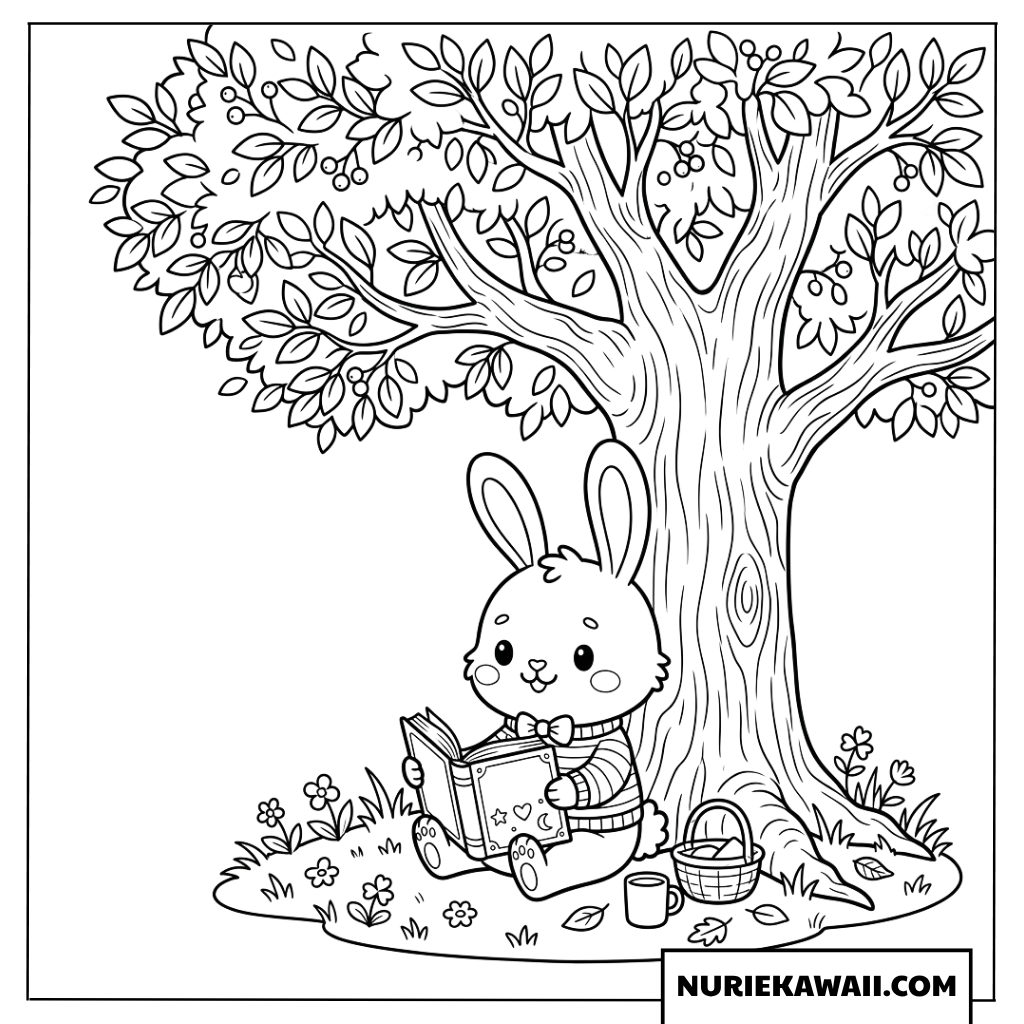 ウサギが木の下で本を読んでいる塗り絵