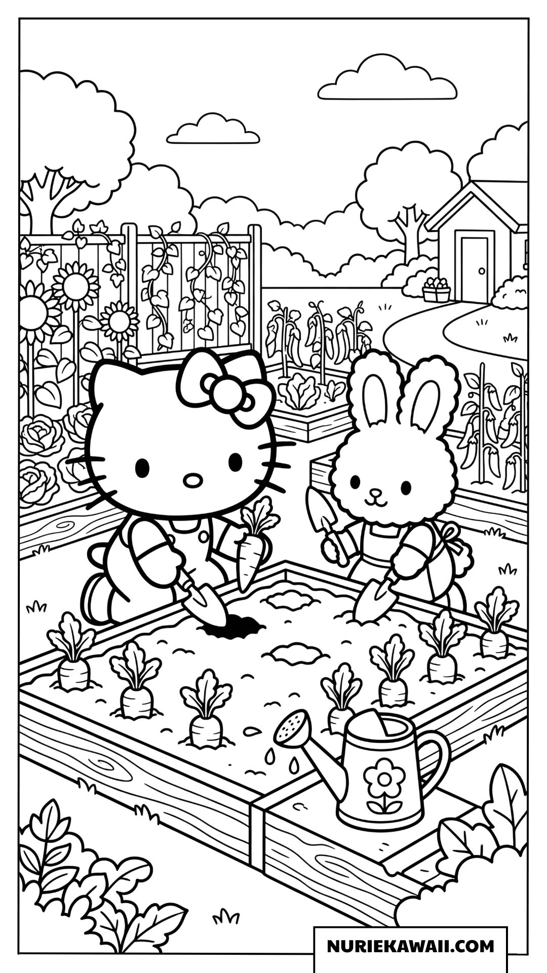 ウサギさんと一緒に人参を収穫するハローキティの塗り絵