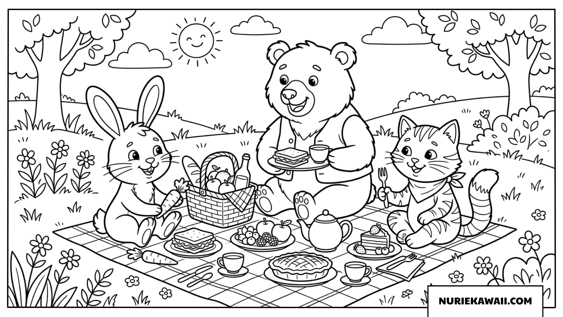 ウサギとクマとネコがピクニックを楽しむ塗り絵