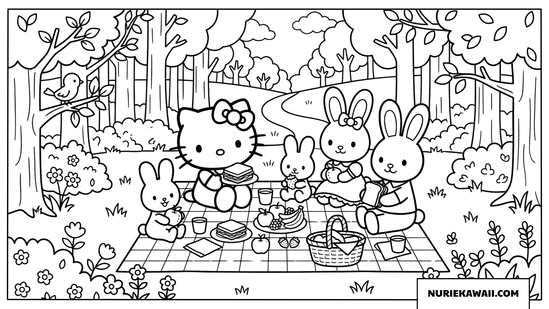 ウサギの家族とピクニックを楽しむハローキティの塗り絵