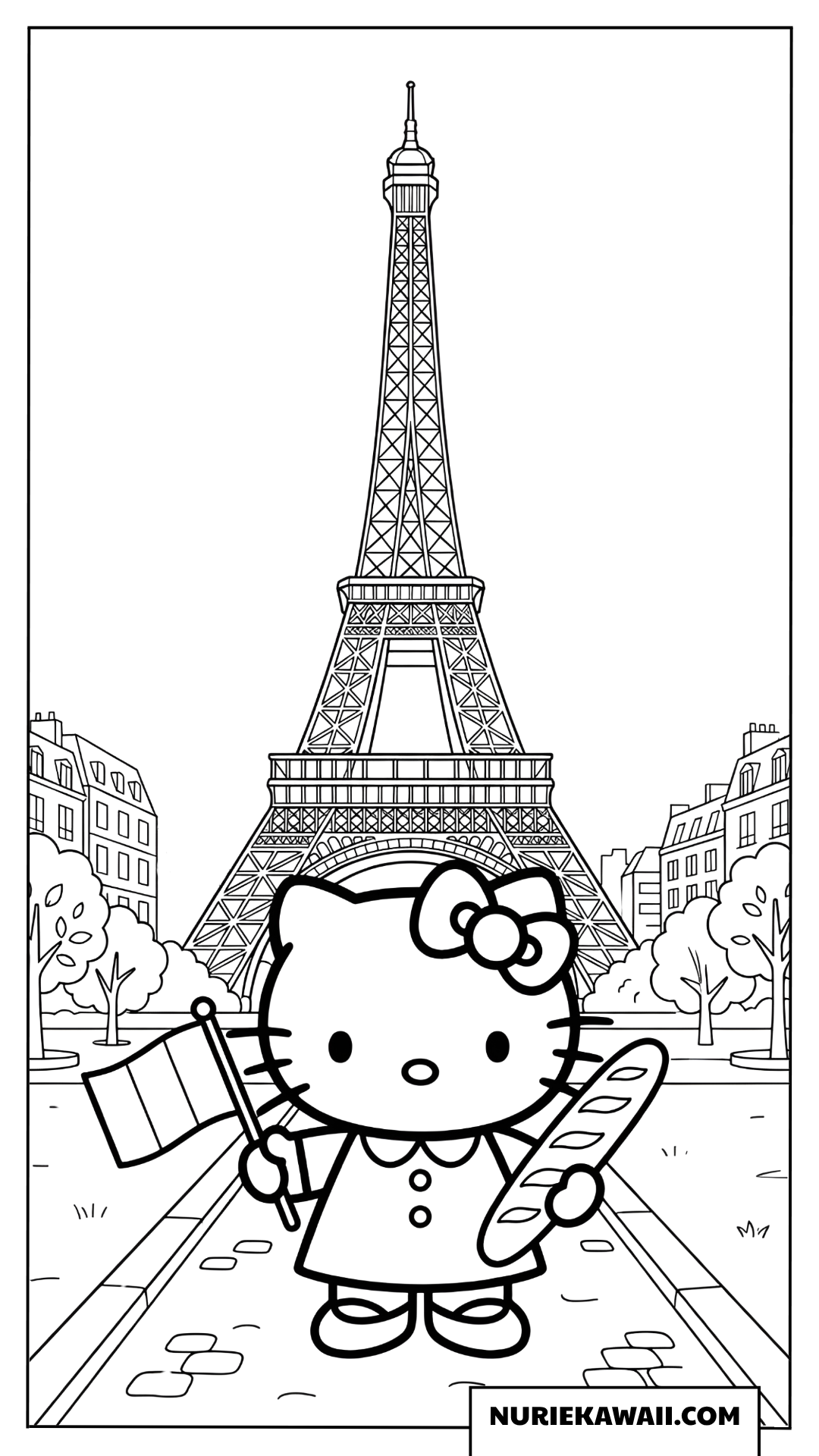 エッフェル塔の前でフランス国旗とバゲットを持つハローキティの塗り絵