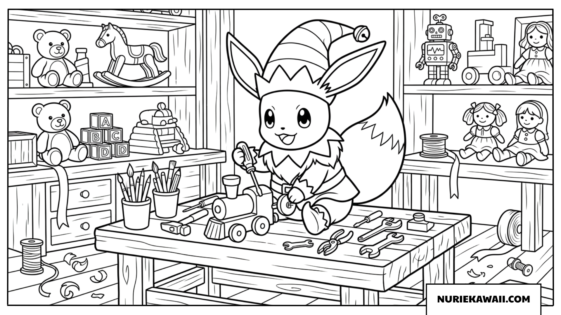 エルフの姿でおもちゃ工場にてプレゼントを作るイーブイの塗り絵