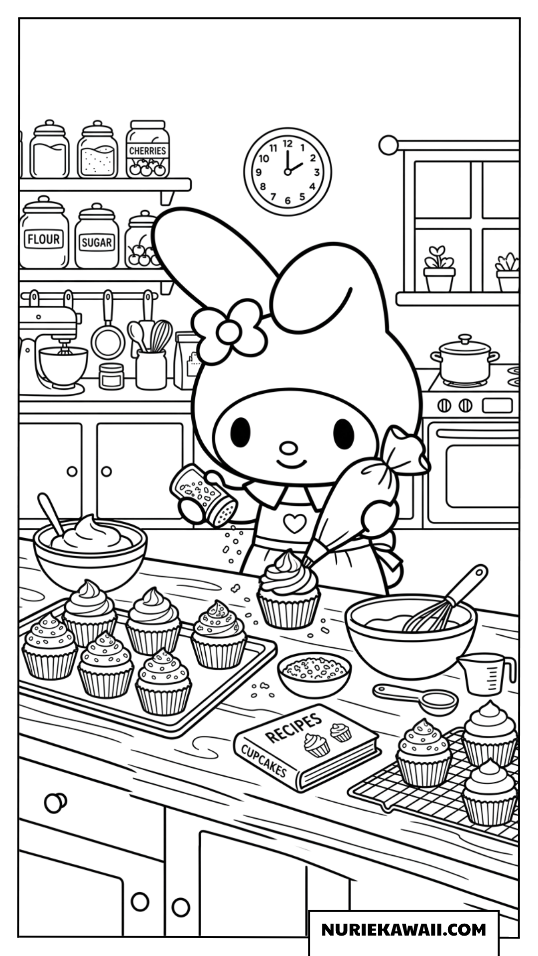 カップケーキのデコレーションに夢中なマイメロディの塗り絵