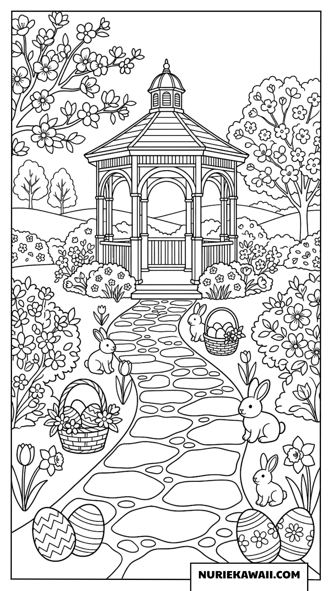 ガゼボのある庭園とイースターバニー 塗り絵