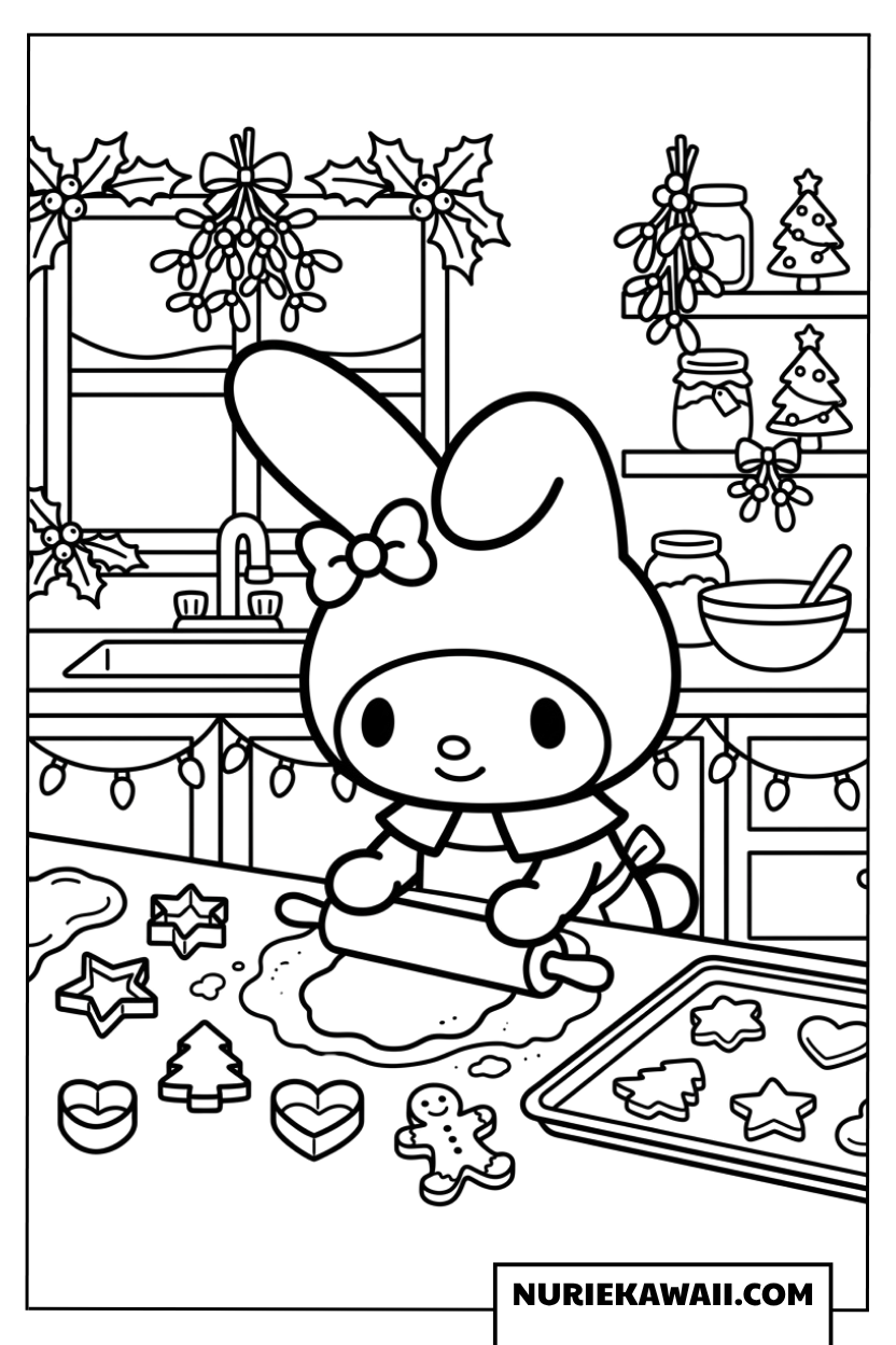 キッチンでクリスマスクッキーを楽しく作るマイメロディの塗り絵