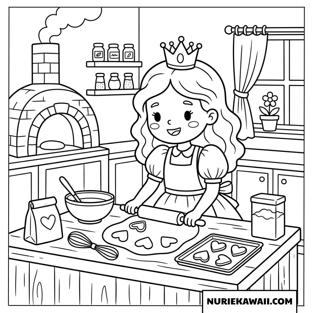 キッチンでハートのクッキーを作るプリンセスの塗り絵
