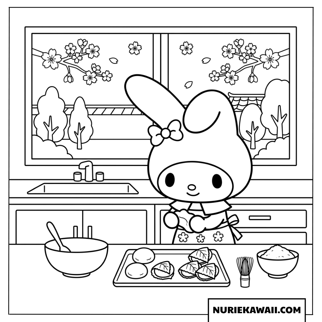 キッチンで桜餅を作るマイメロディの塗り絵
