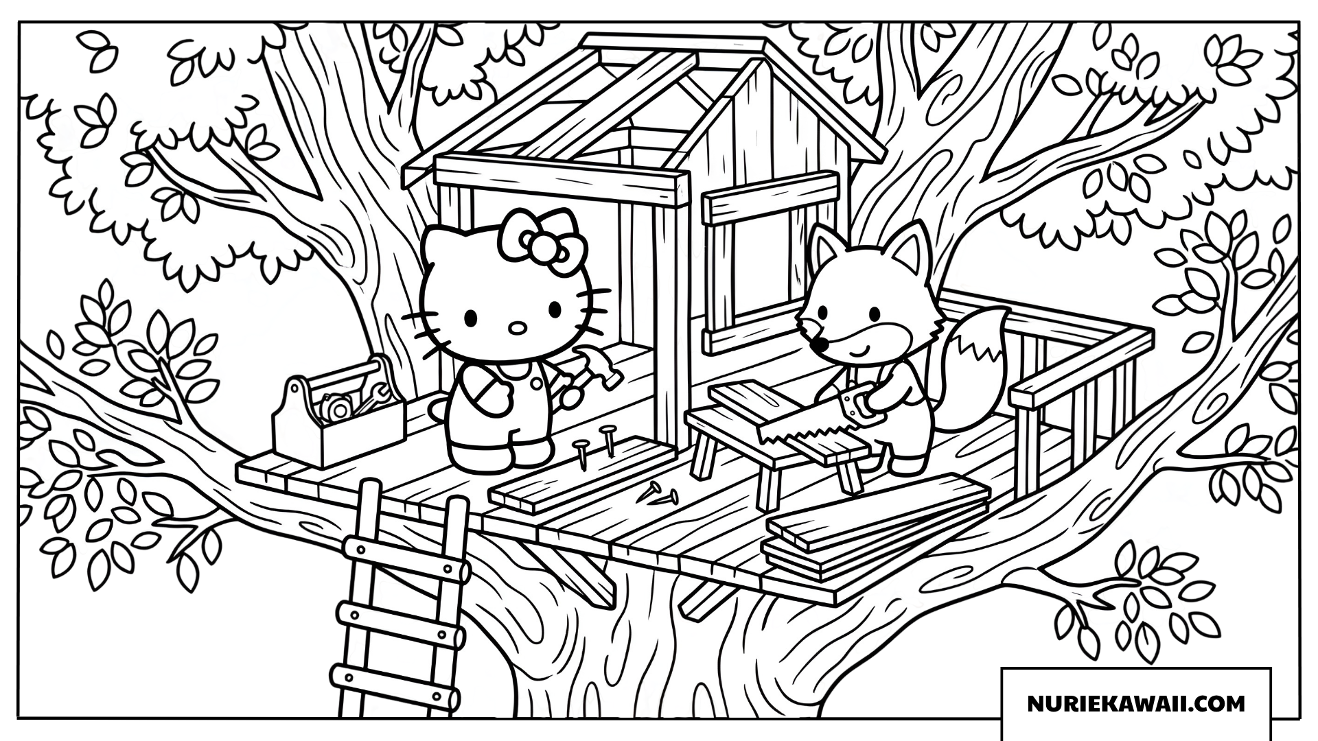 キツネさんとツリーハウスを作るハローキティの塗り絵