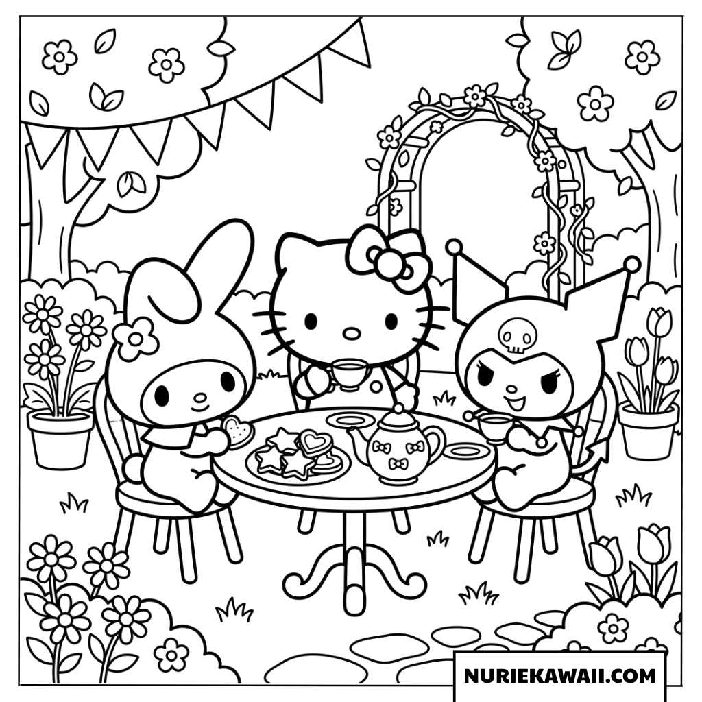 キティちゃんやクロミちゃんとティータイムを楽しむ塗り絵