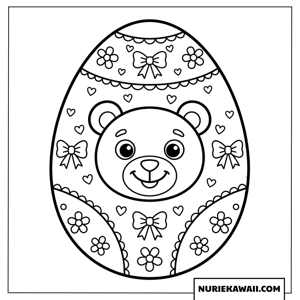 クマの顔とリボンにハートが散りばめられたイースターエッグ塗り絵
