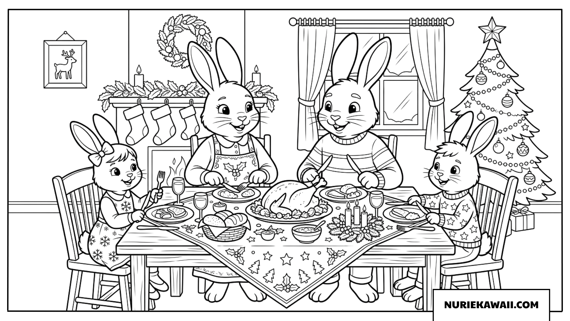 クリスマスのごちそうを食べるウサギの家族 塗り絵