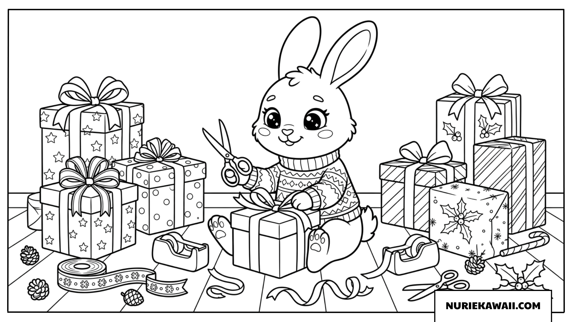 クリスマスのプレゼントを包装する小さなウサギの塗り絵