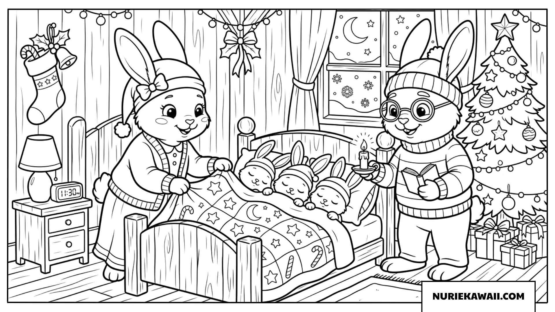 クリスマスの夜に眠る子ウサギ 塗り絵