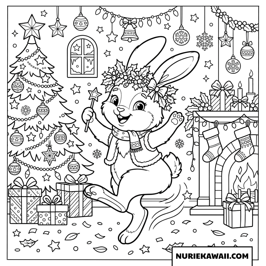 クリスマスの部屋で踊るうさぎ 塗り絵