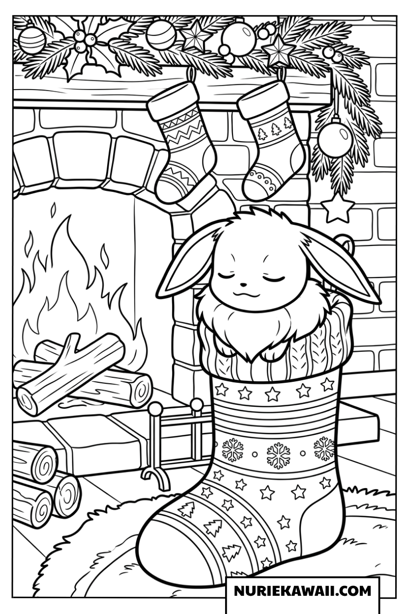 クリスマスの靴下の中でスヤスヤ眠るイーブイの塗り絵