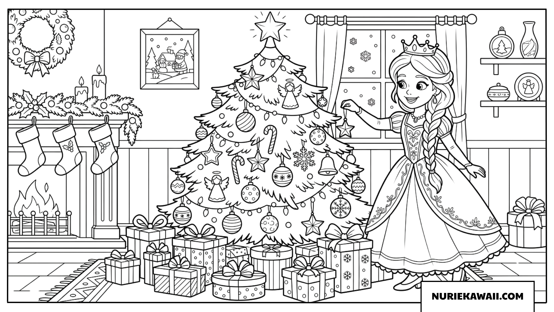 クリスマスをお祝いするお姫様の塗り絵