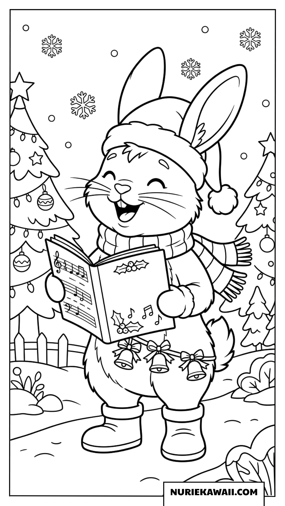 クリスマスキャロルを歌うウサギの塗り絵