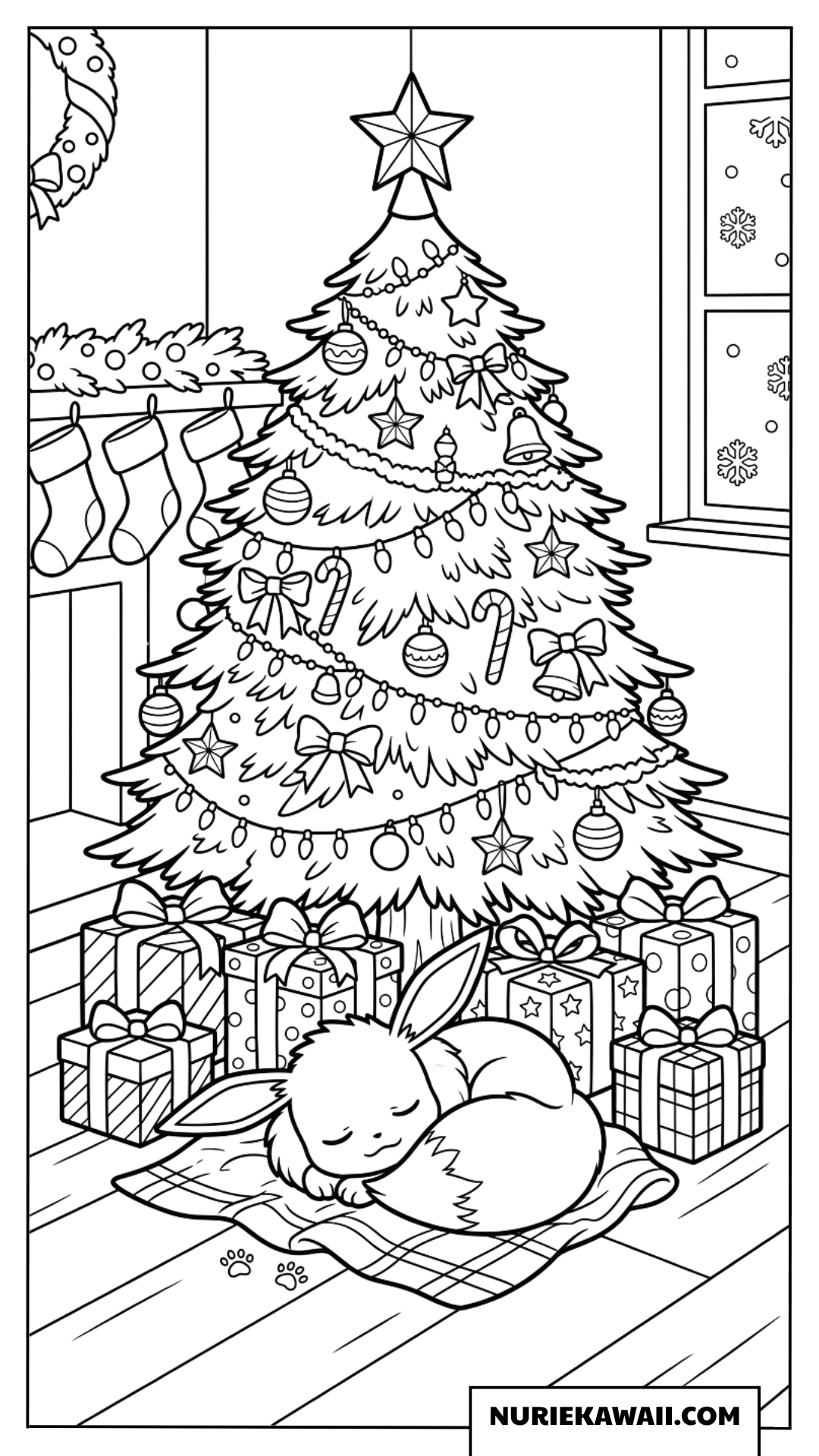 クリスマスツリーのそばで眠るイーブイのぬりえ