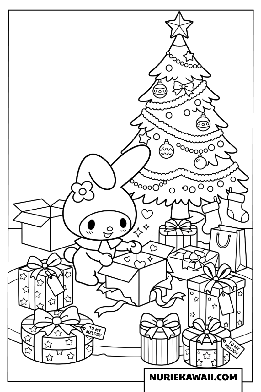 クリスマスツリーの下でプレゼントを開けるマイメロディの塗り絵