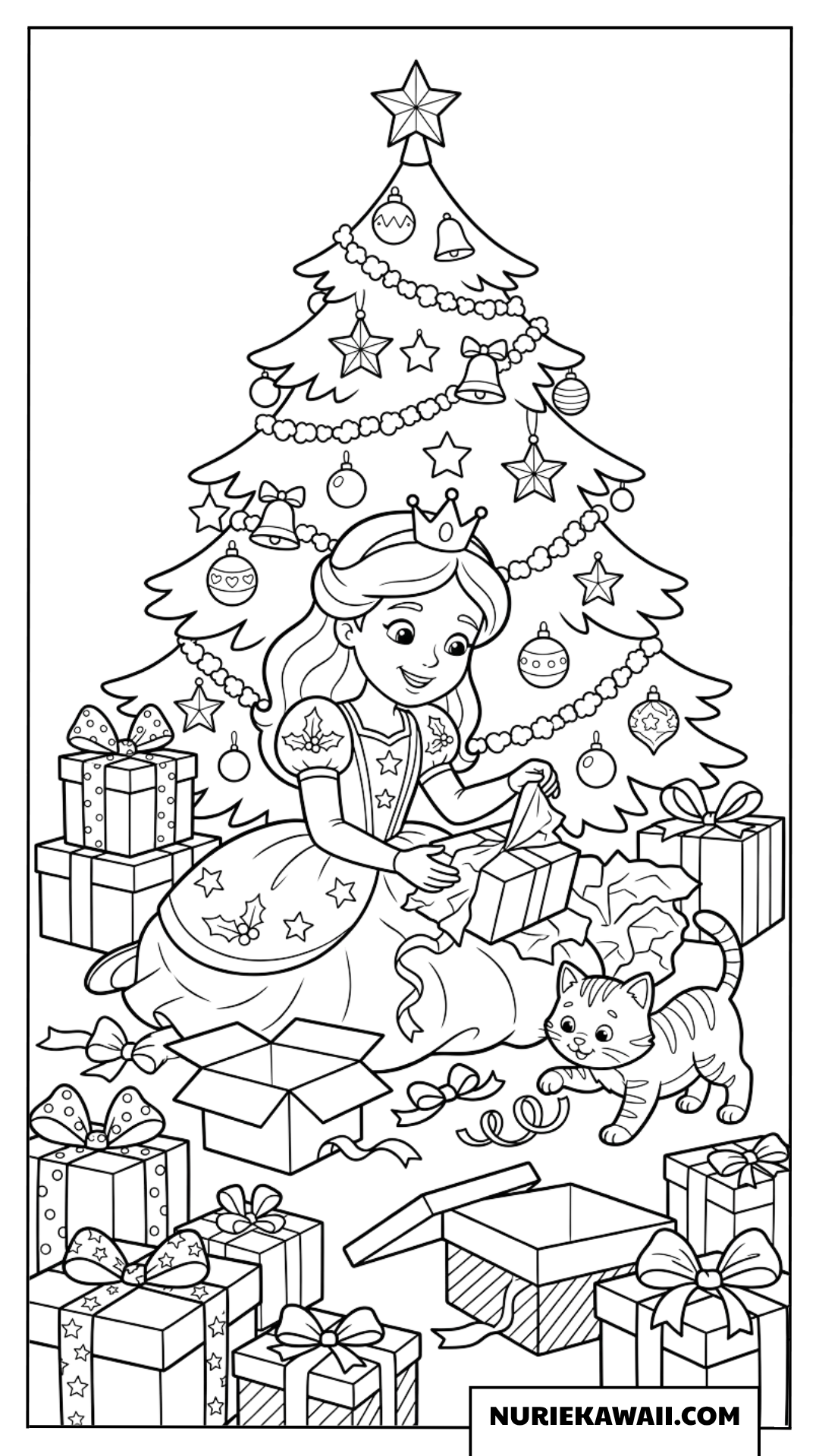 クリスマスツリーの下で可愛い子猫と一緒にプレゼントの箱を開ける小さな王女の塗り絵