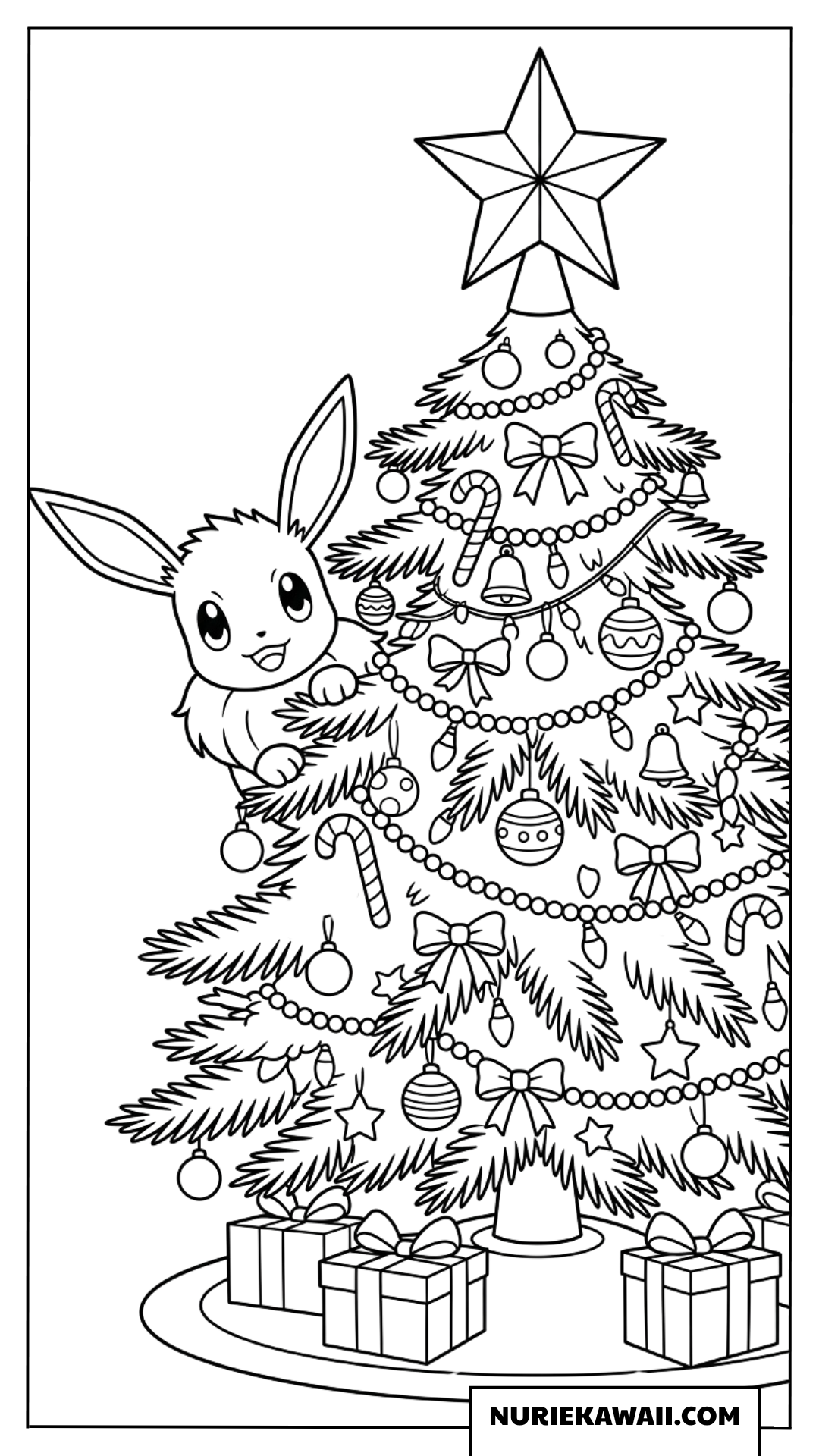 クリスマスツリーの後ろからのぞくイーブイのぬりえ