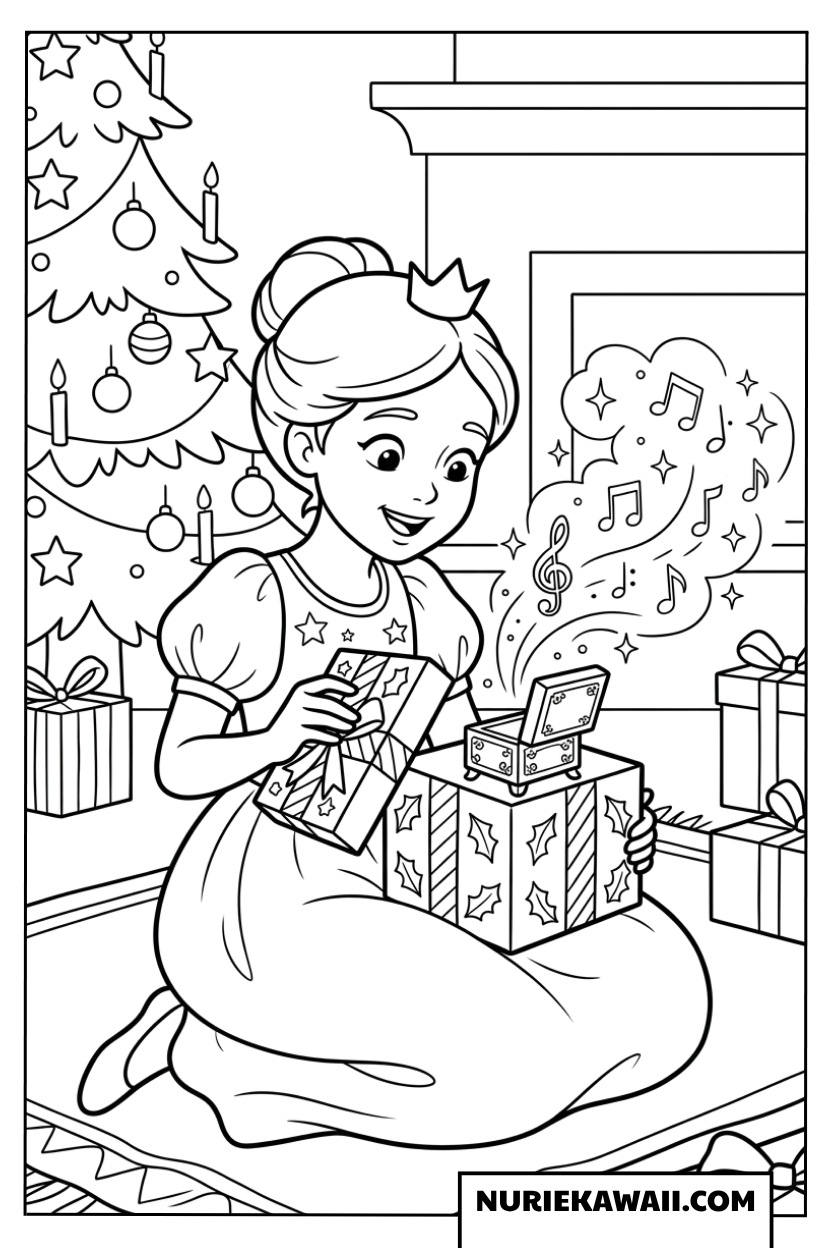 クリスマスツリーの横で魔法のオルゴール風のギフト箱を開けるプリンセスの塗り絵