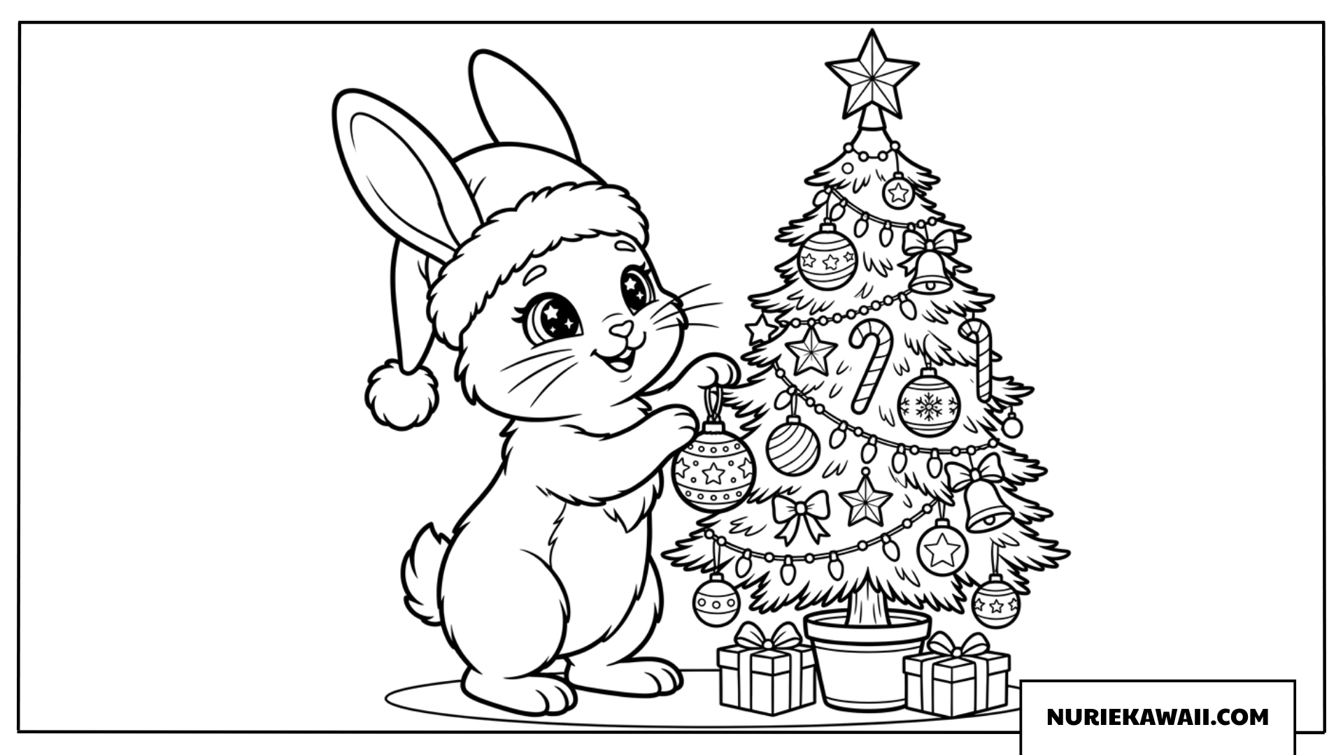 クリスマスツリーの飾り付けをするかわいいウサギの塗り絵