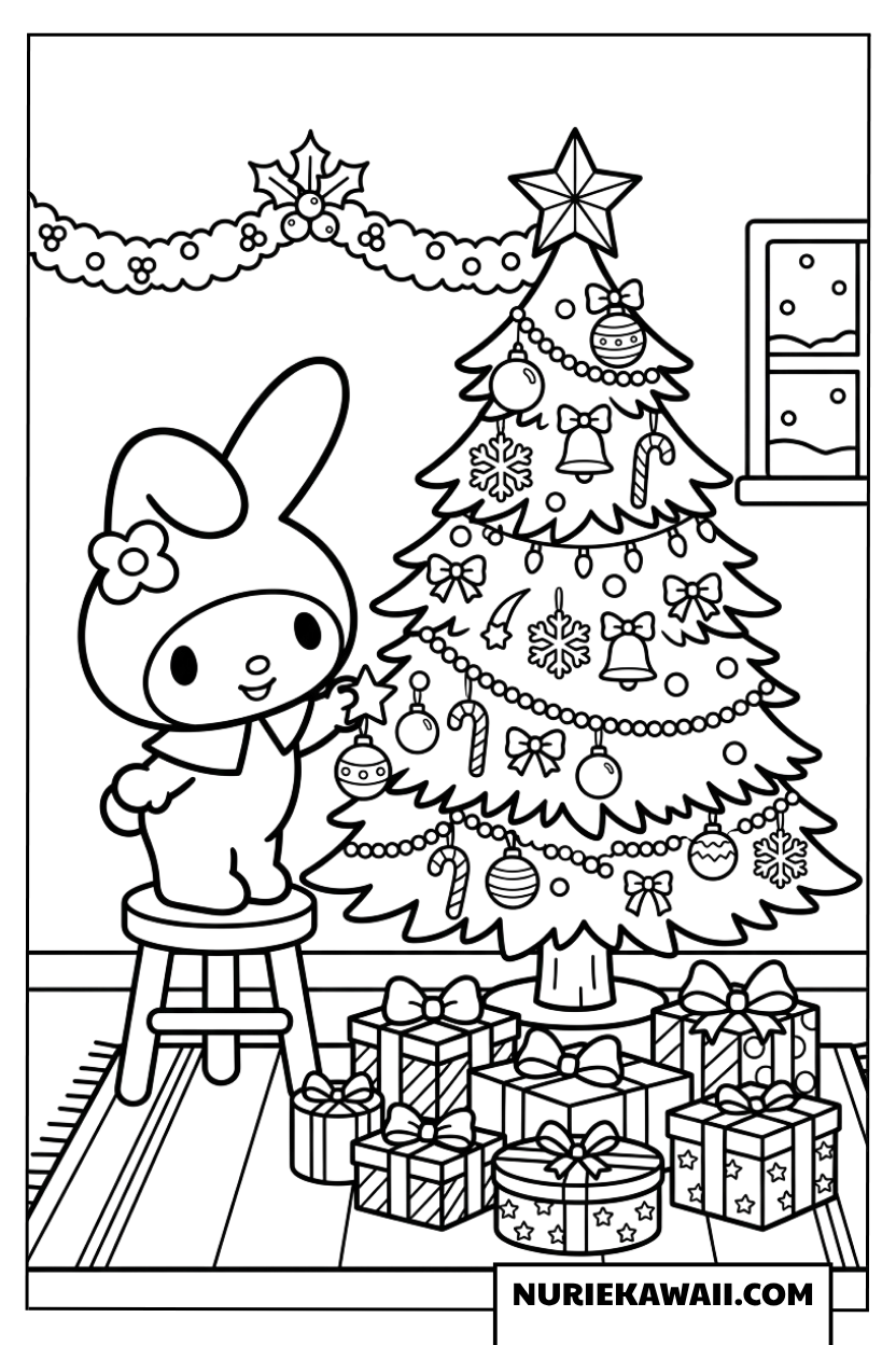 クリスマスツリーを飾り付ける可愛いマイメロディの塗り絵