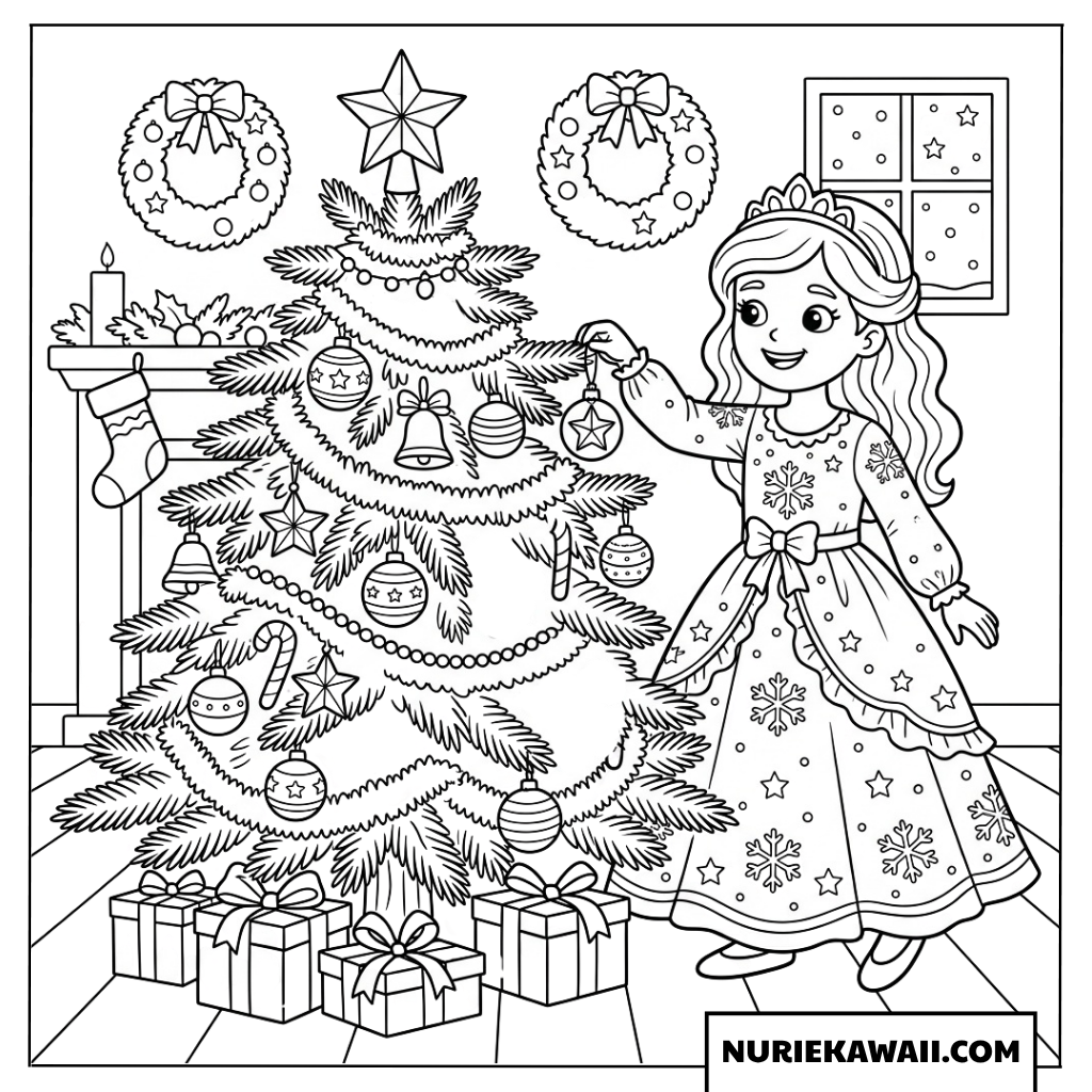 クリスマスツリーを飾り付ける可愛い小さなプリンセスの塗り絵