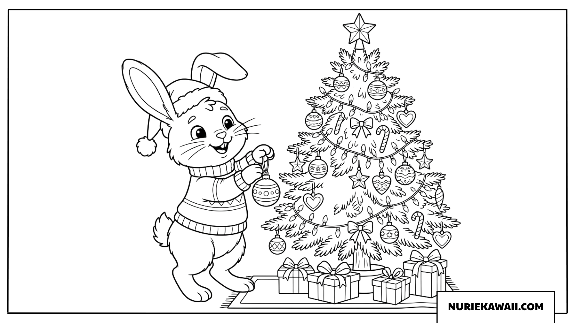クリスマスツリーを飾るうさぎの塗り絵