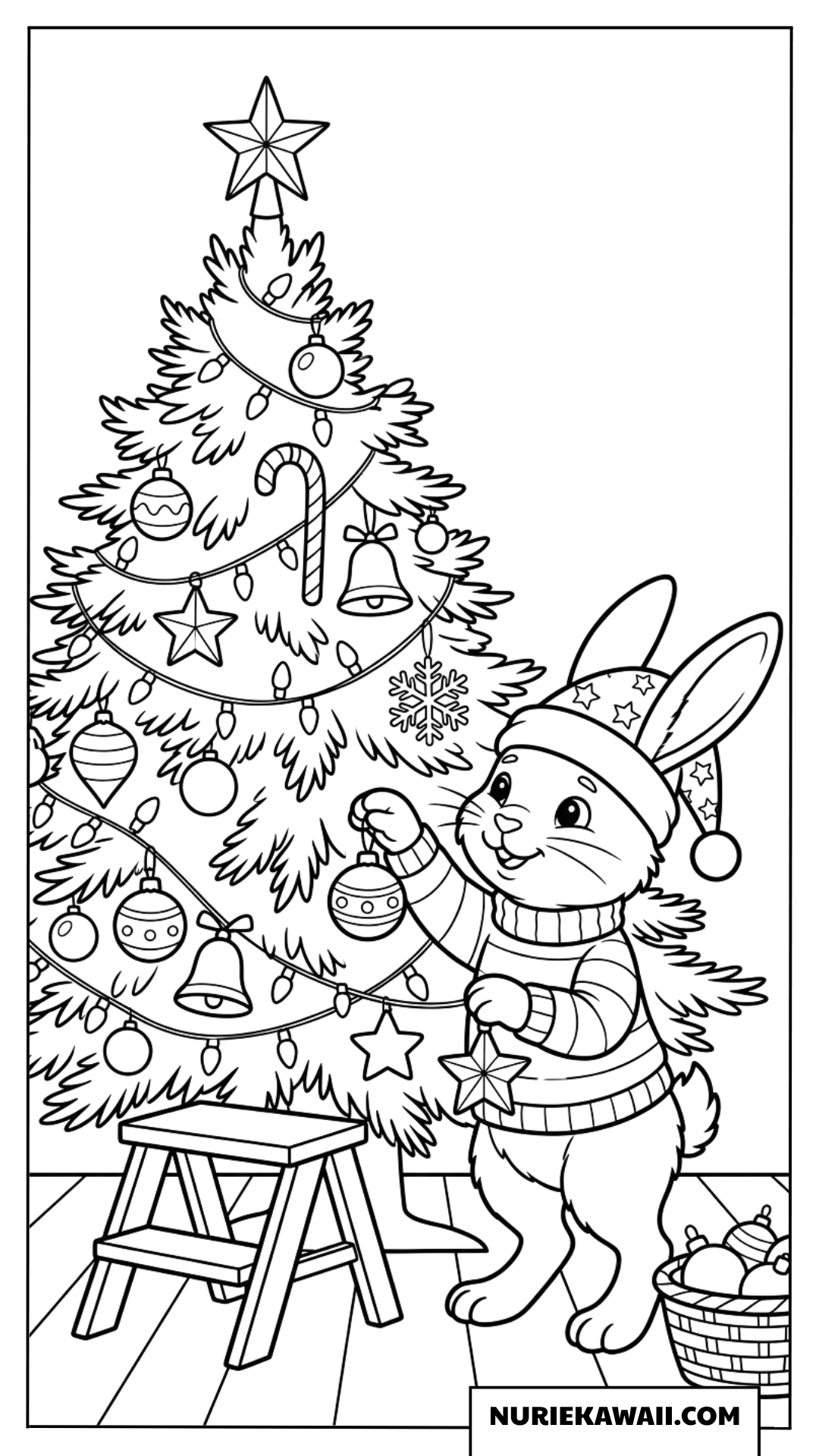 クリスマスツリーを飾るウサギの塗り絵