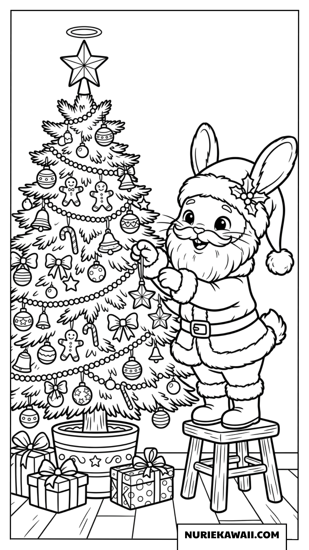 クリスマスツリーを飾るサンタうさぎ 塗り絵