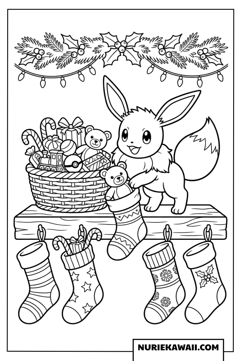 クリスマス靴下にプレゼントを詰めるイーブイの塗り絵