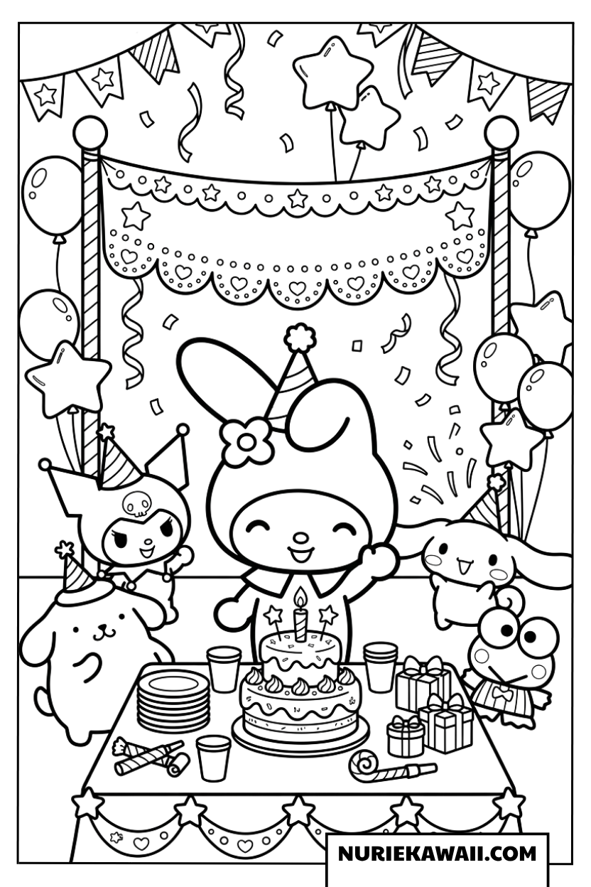 クロミたちと一緒に誕生日パーティーを楽しむマイメロディの塗り絵