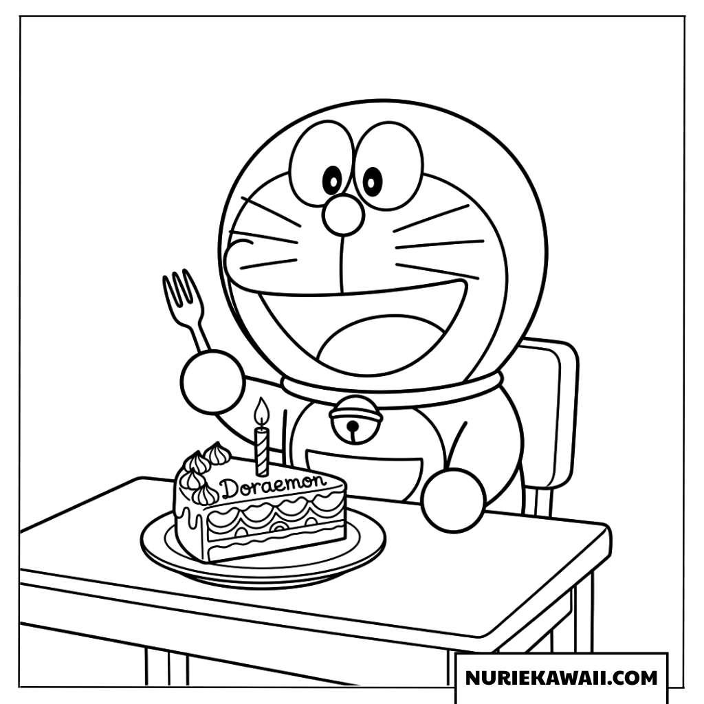 ケーキを食べる準備をするドラえもんの塗り絵