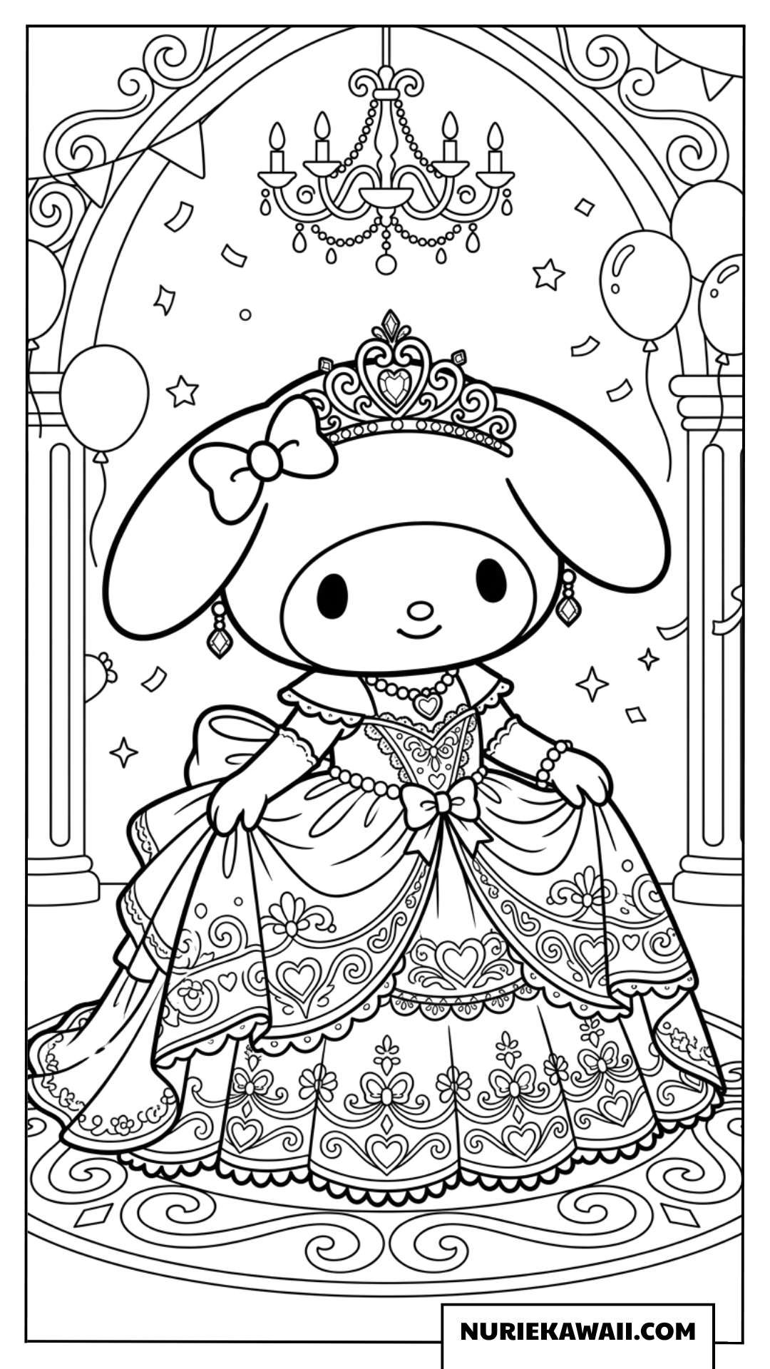 ゴージャスなドレスを着たプリンセスなマイメロディの塗り絵