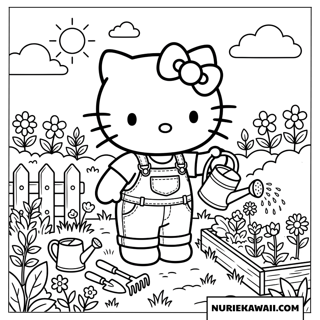サロペットを着てガーデニングをするハローキティの塗り絵