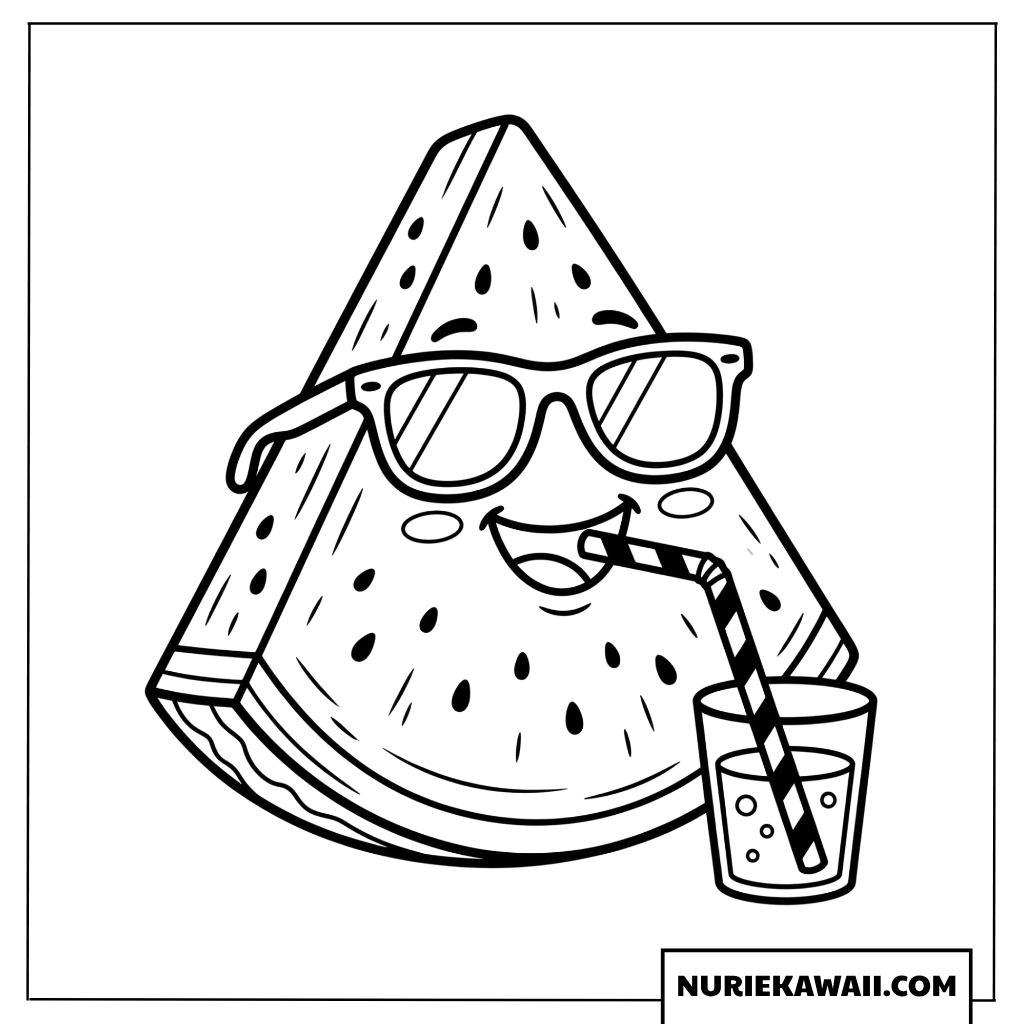 サングラスをかけて飲み物を飲むスイカの塗り絵
