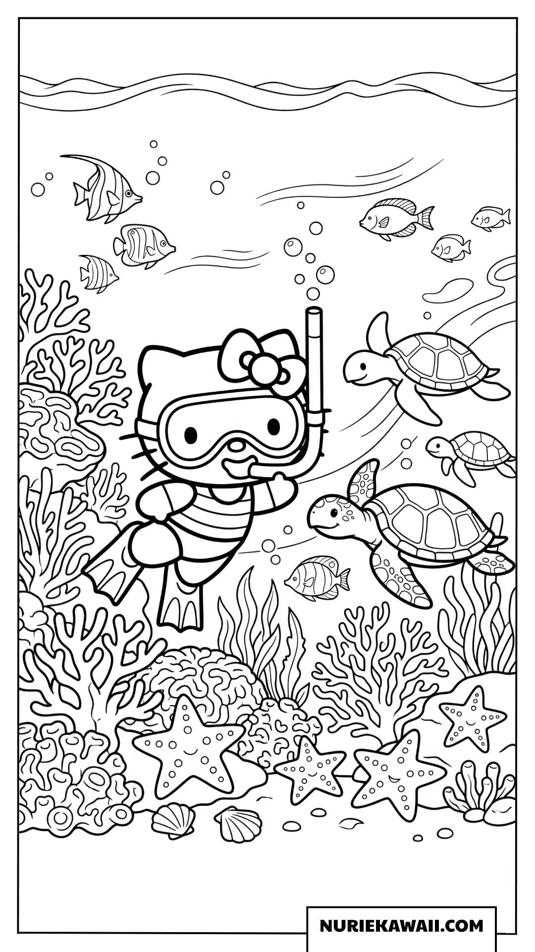 サンゴ礁とウミガメとシュノーケリングするハローキティの塗り絵