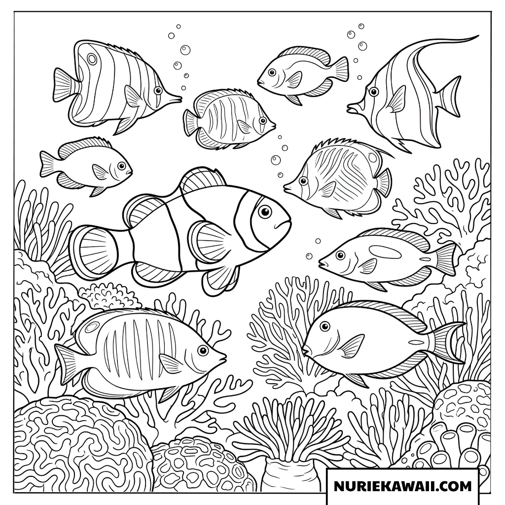 サンゴ礁の間を泳ぐ色鮮やかな熱帯魚たちの塗り絵