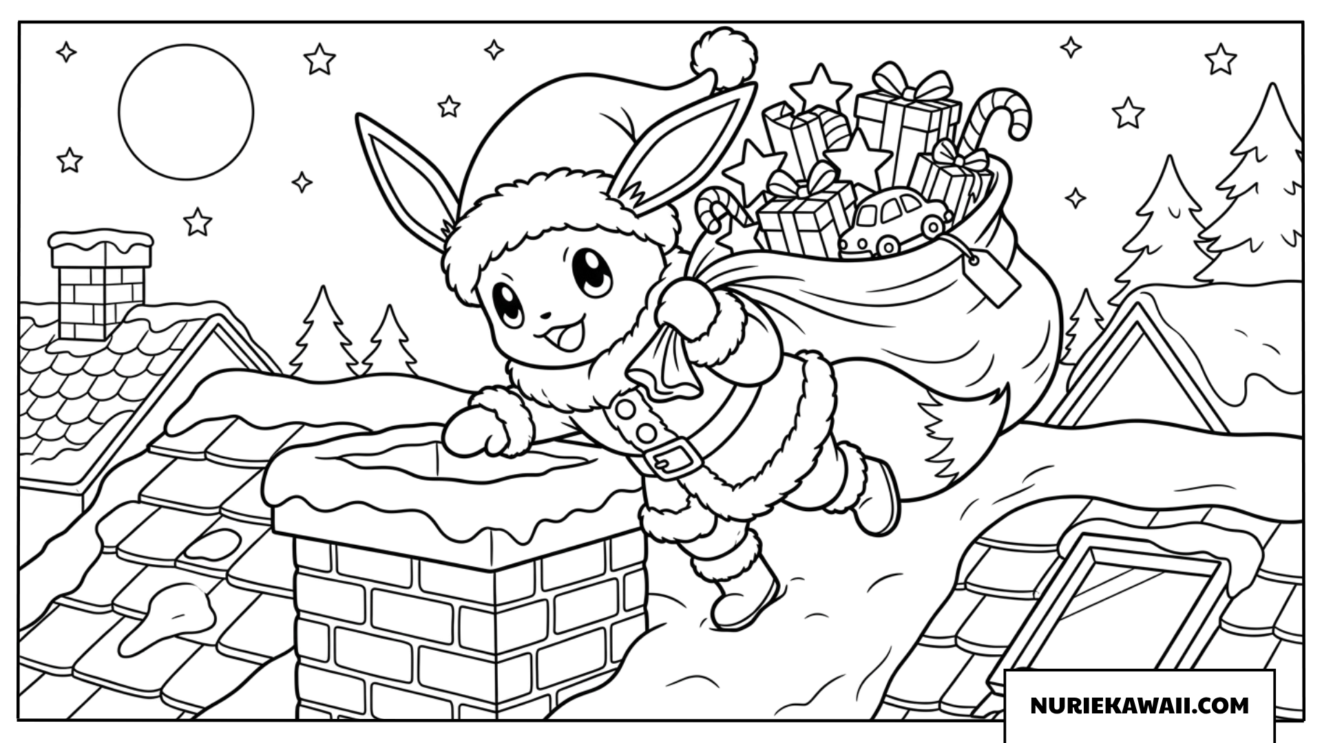 サンタの衣装を着て屋根の上でプレゼントを運ぶイーブイの塗り絵