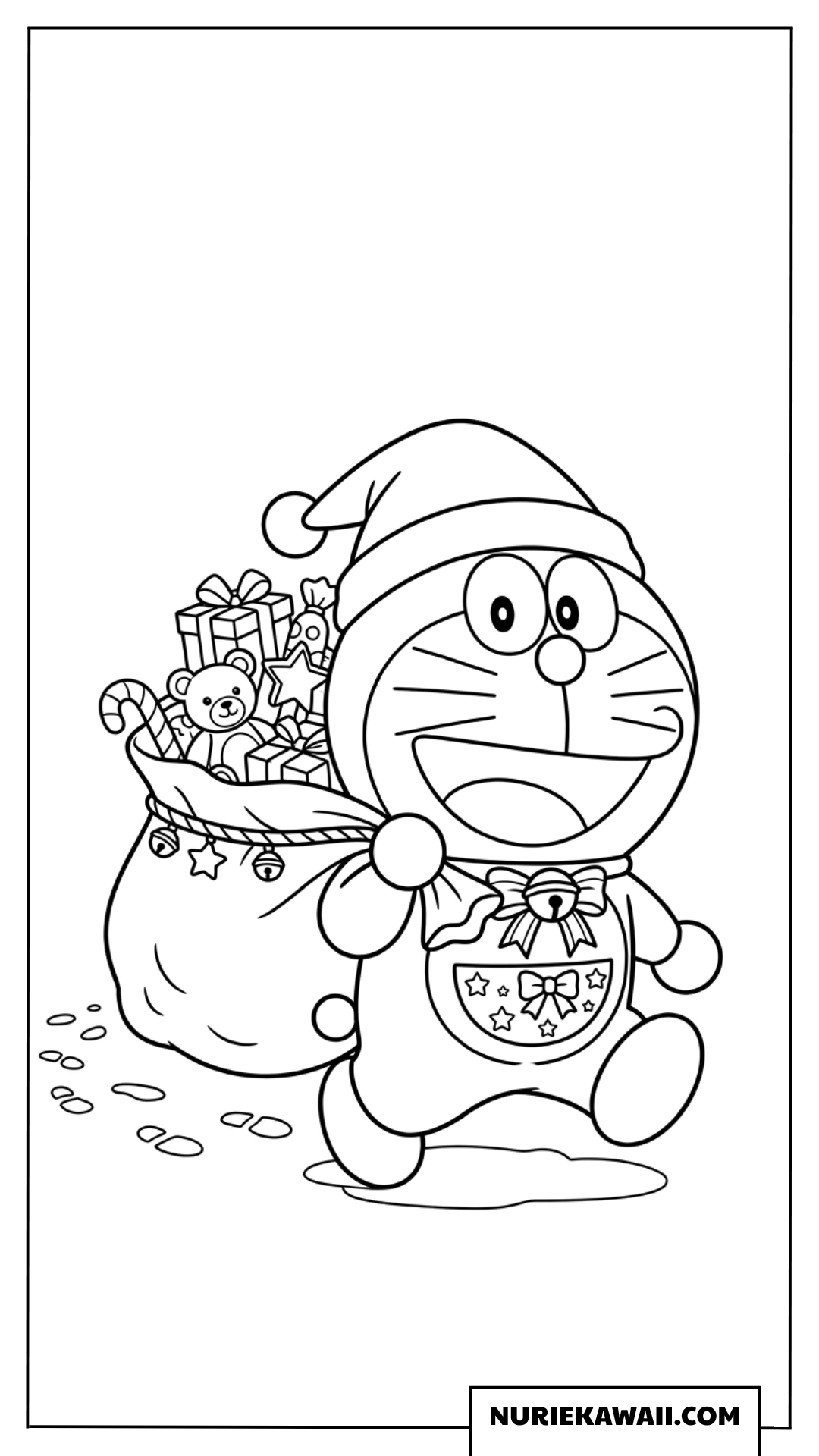 サンタクロースになってプレゼントを運ぶドラえもんの塗り絵