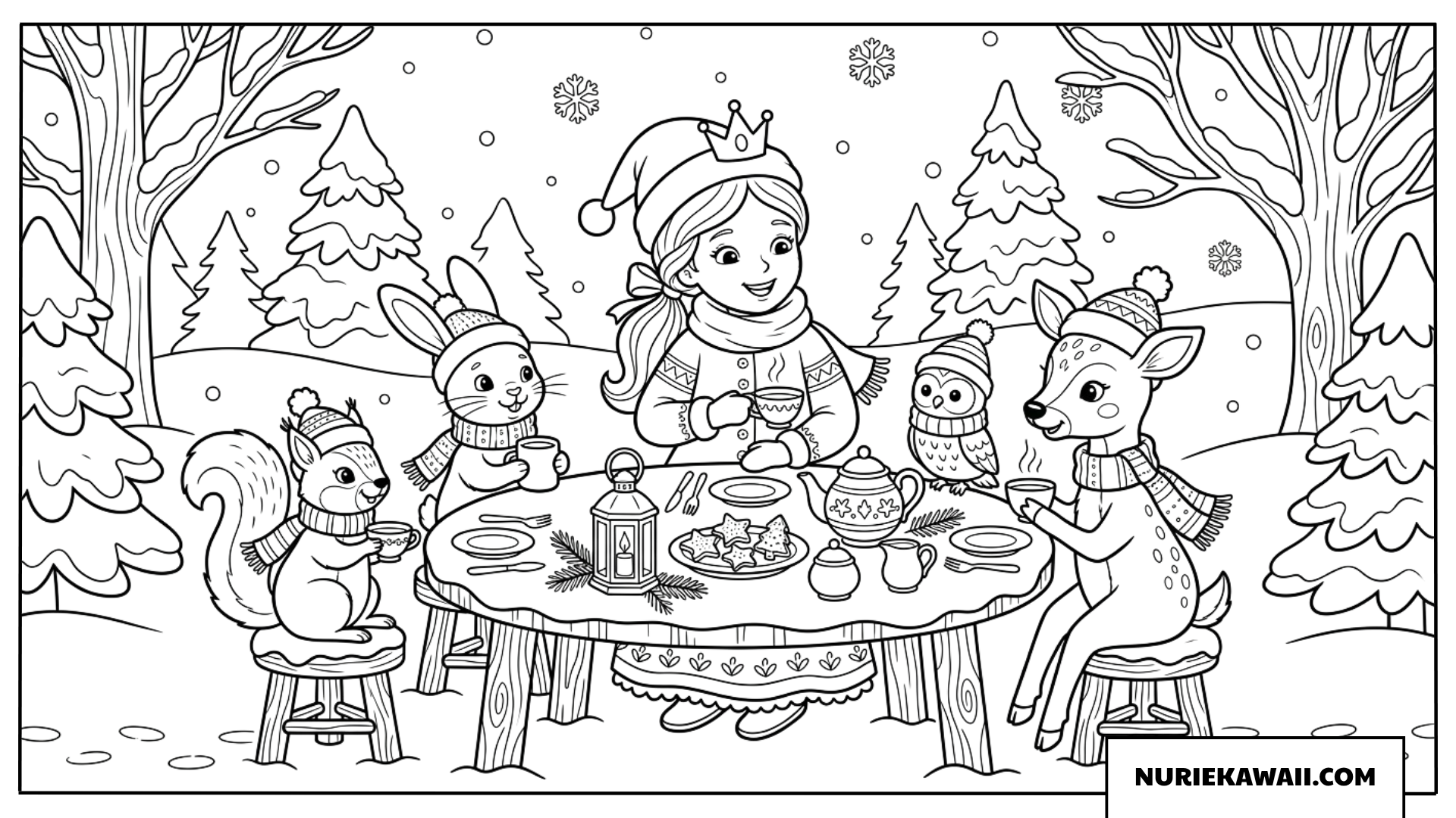 サンタ帽をかぶった王女が冬の森で動物たちとクリスマスのティーパーティーを楽しむ塗り絵
