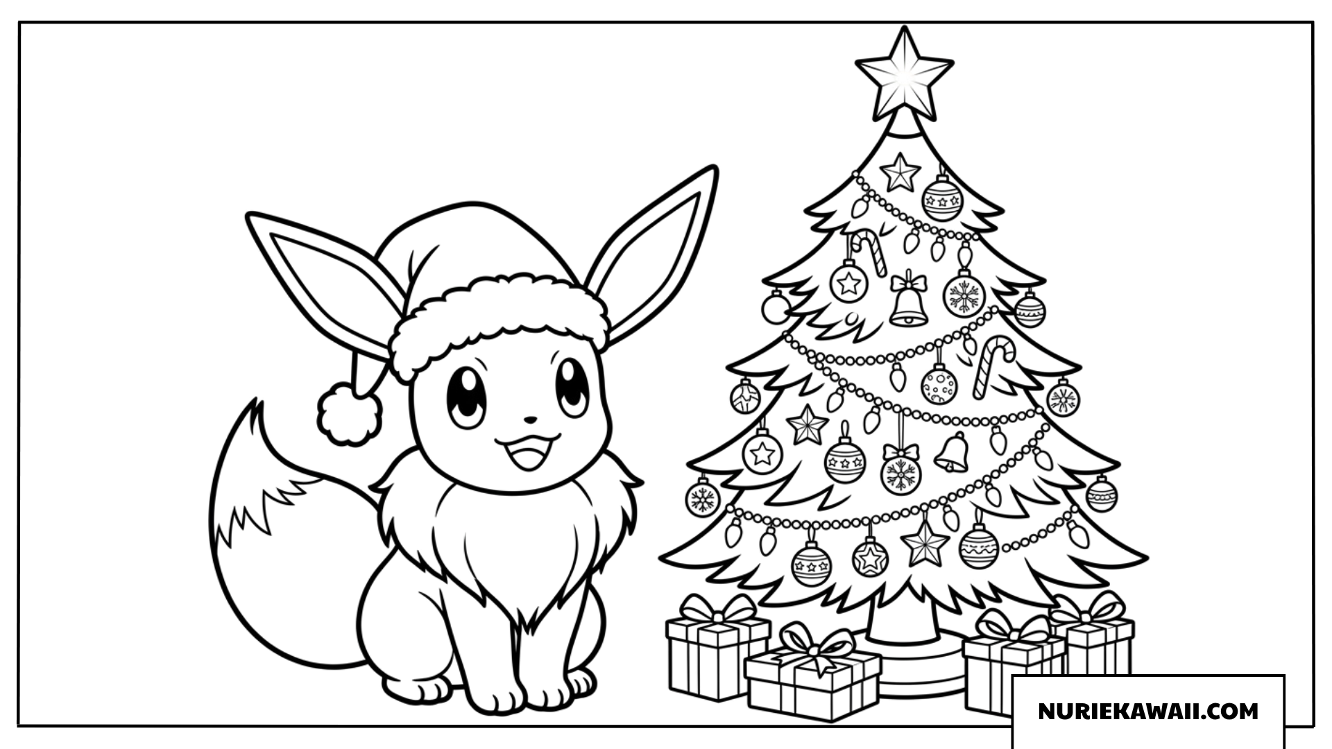 サンタ帽をかぶってクリスマスツリーの横にいるイーブイの塗り絵