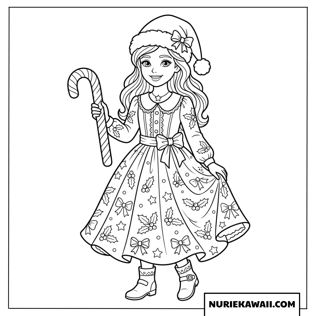 サンタ帽をかぶり巨大なキャンディケインを持った美しい姫の塗り絵