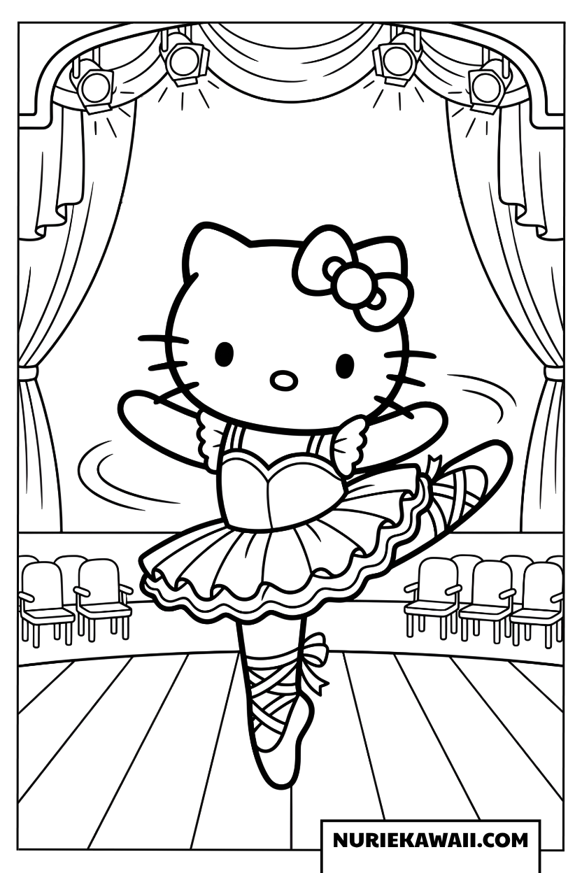 ステージでバレエを踊るハローキティの塗り絵