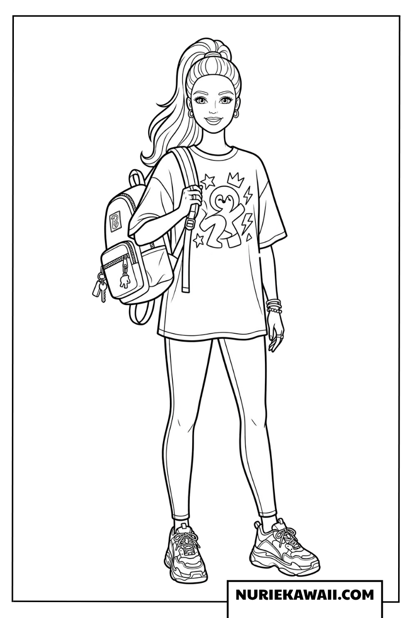 スポーティーな通学ファッションのバービーの塗り絵