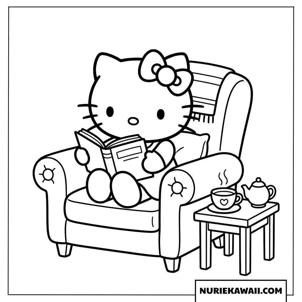 ソファで読書を楽しむハローキティの塗り絵